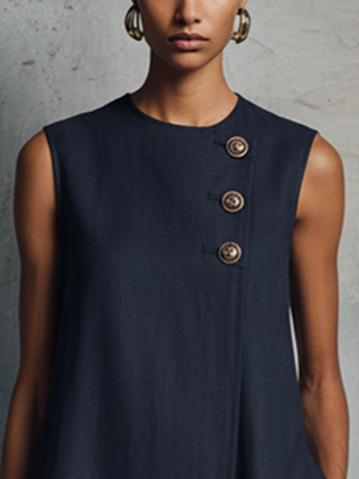 Élodie | Minimalist Navy Mini Dress with Crew Neck, Asymmetrical Buttons, and Side Pocket