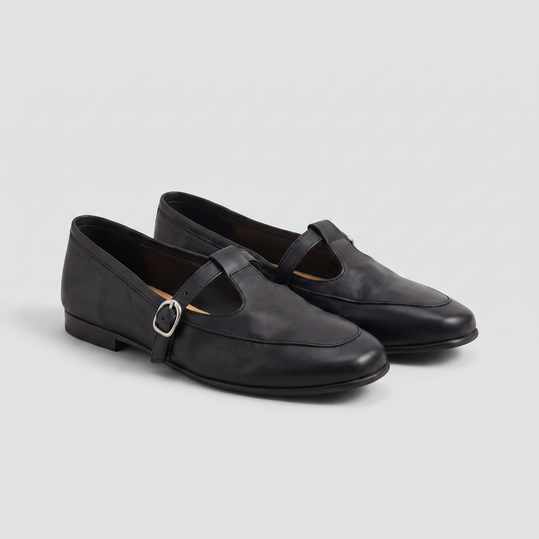 Sofia vintage Mary Jane flats in black, pair three-quarter view