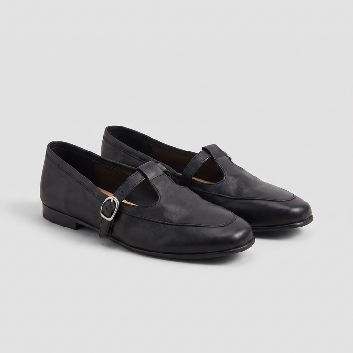 Sofia vintage Mary Jane flats in black, pair three-quarter view