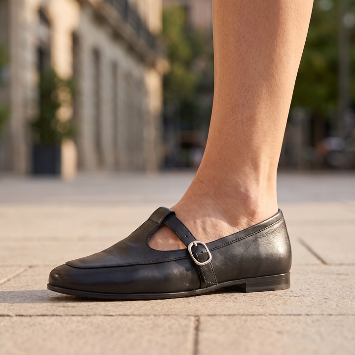 Sofia Mary Jane flats worn on the foot, showing the fit