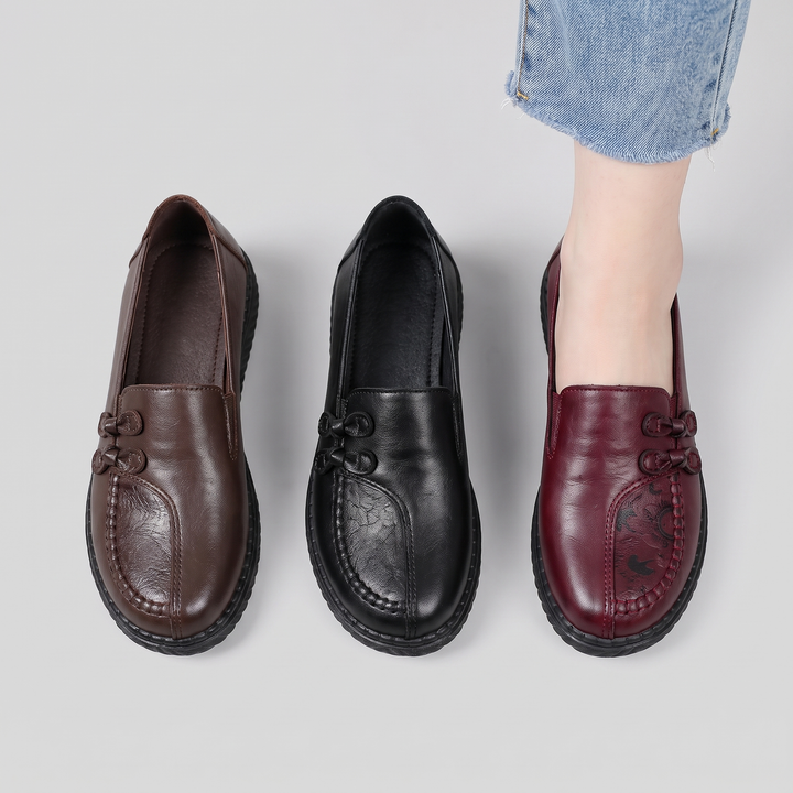 Andrea loafers in brown, black and burgundy red side by side